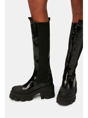 GANNI Knee High Chelsea Boots Patent Leather Lug Sole EU 39